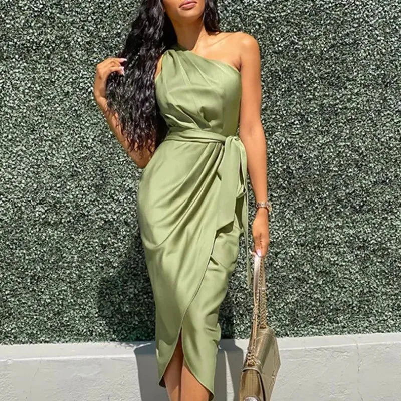 one shoulder bodycon dress satin surplice ruched casual women dress elegant