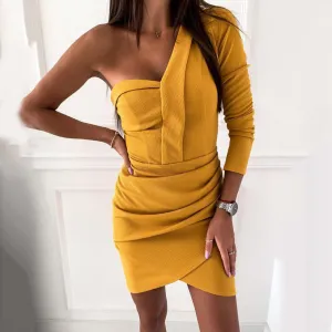 One shoulder sexy dress solid color slim long sleeve hip dress