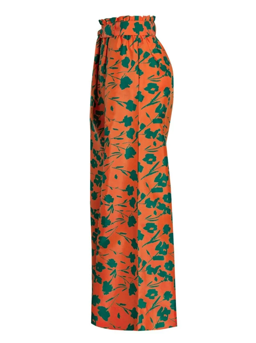 Paloma Floral Print Belted Silk Palazzo Pant  - Orange/Green Floral