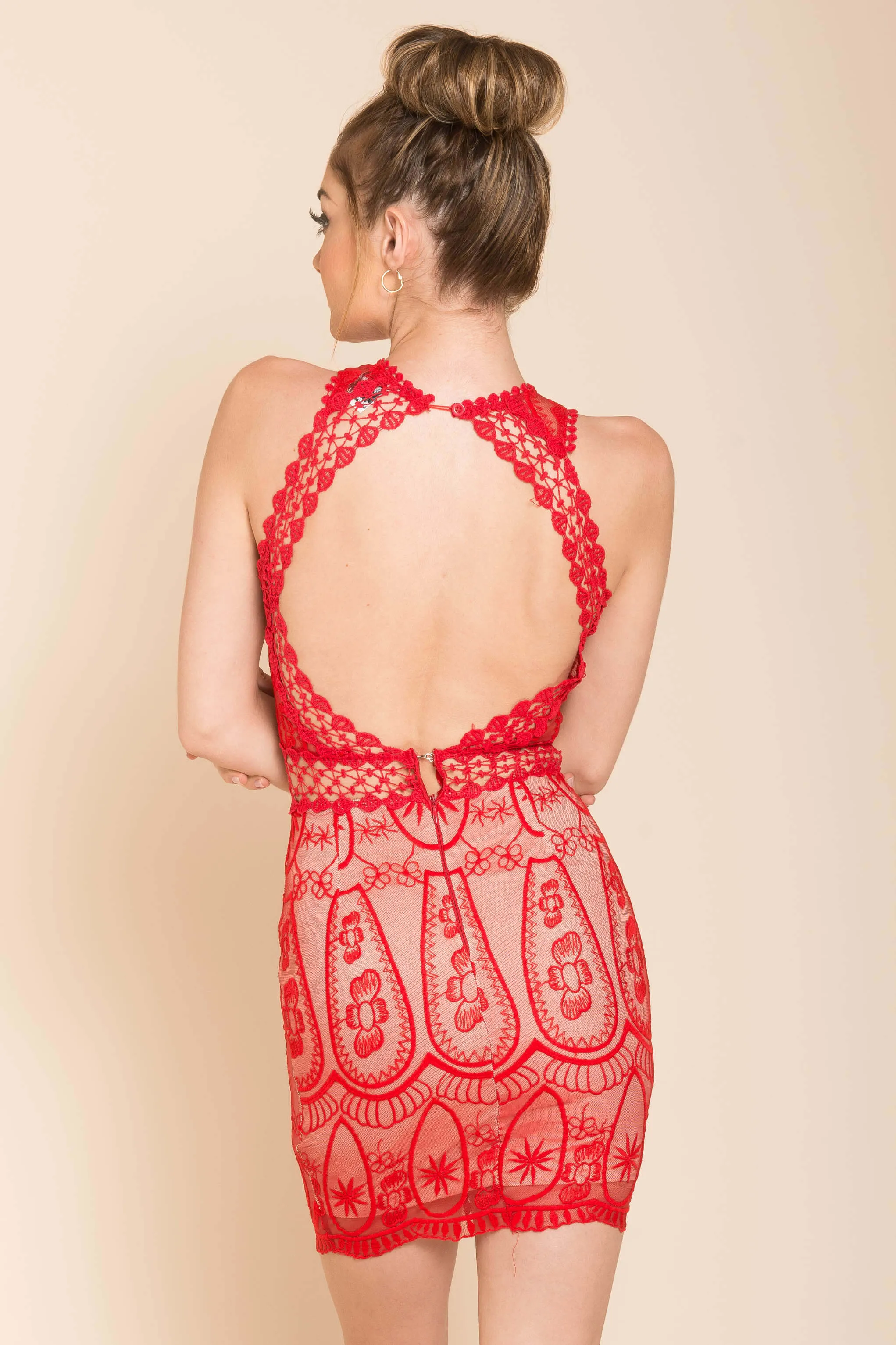 Paris Lacey Bodycon Dress Red