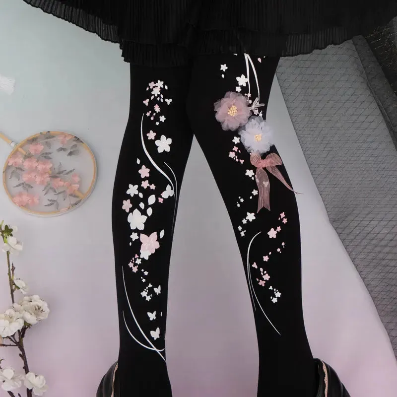 Peach Blossom ~ Chinese Style Printed Lolita Tights by Yidhra