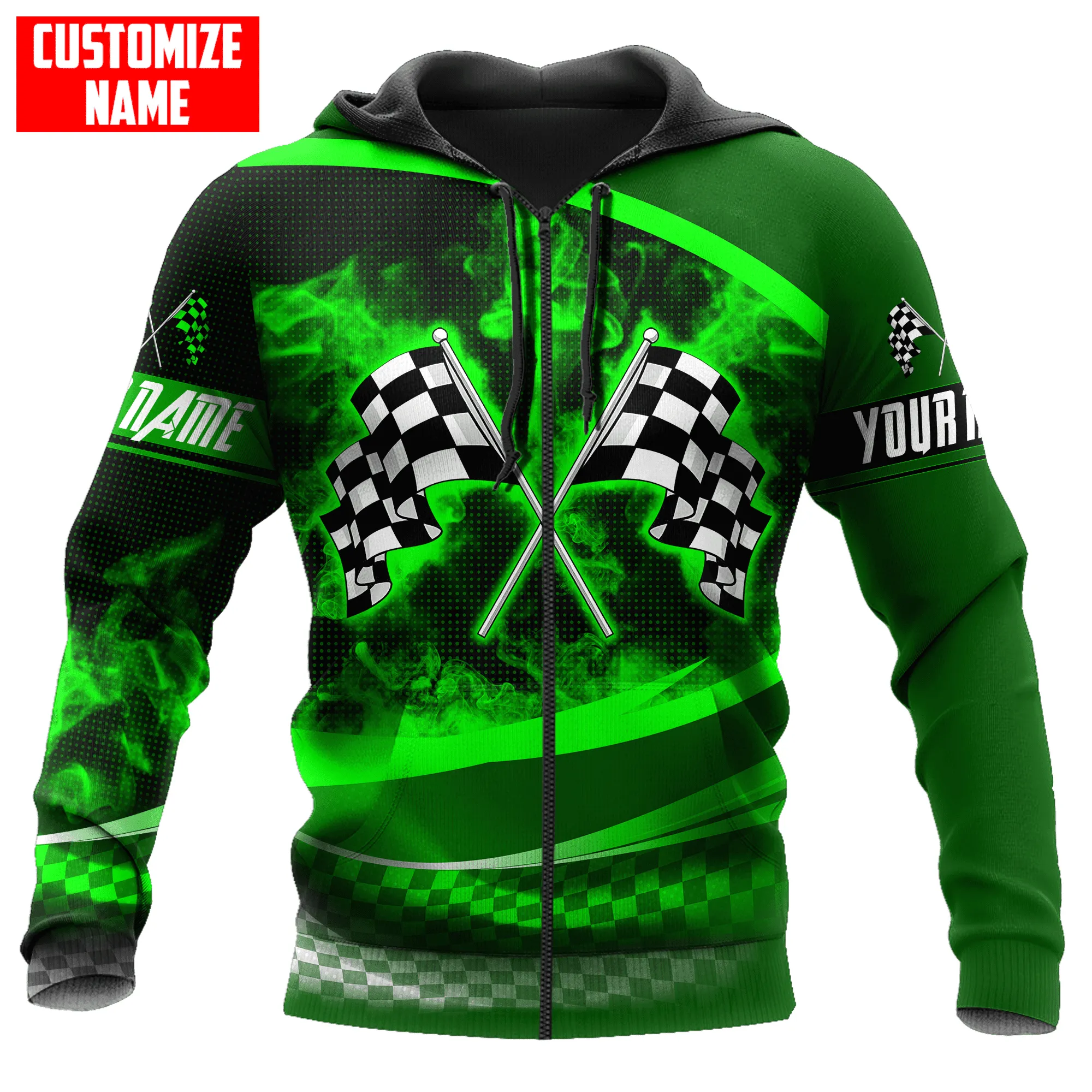 Personalized Name Racing Green Smoke 3D Full Printed Sweatshirt Zip Hoodie, Racing Christmas Gift