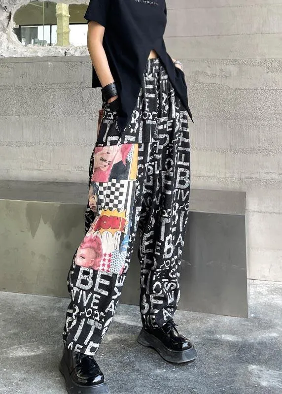 Plus Size Black Graphic High Waist Wide Leg Pants