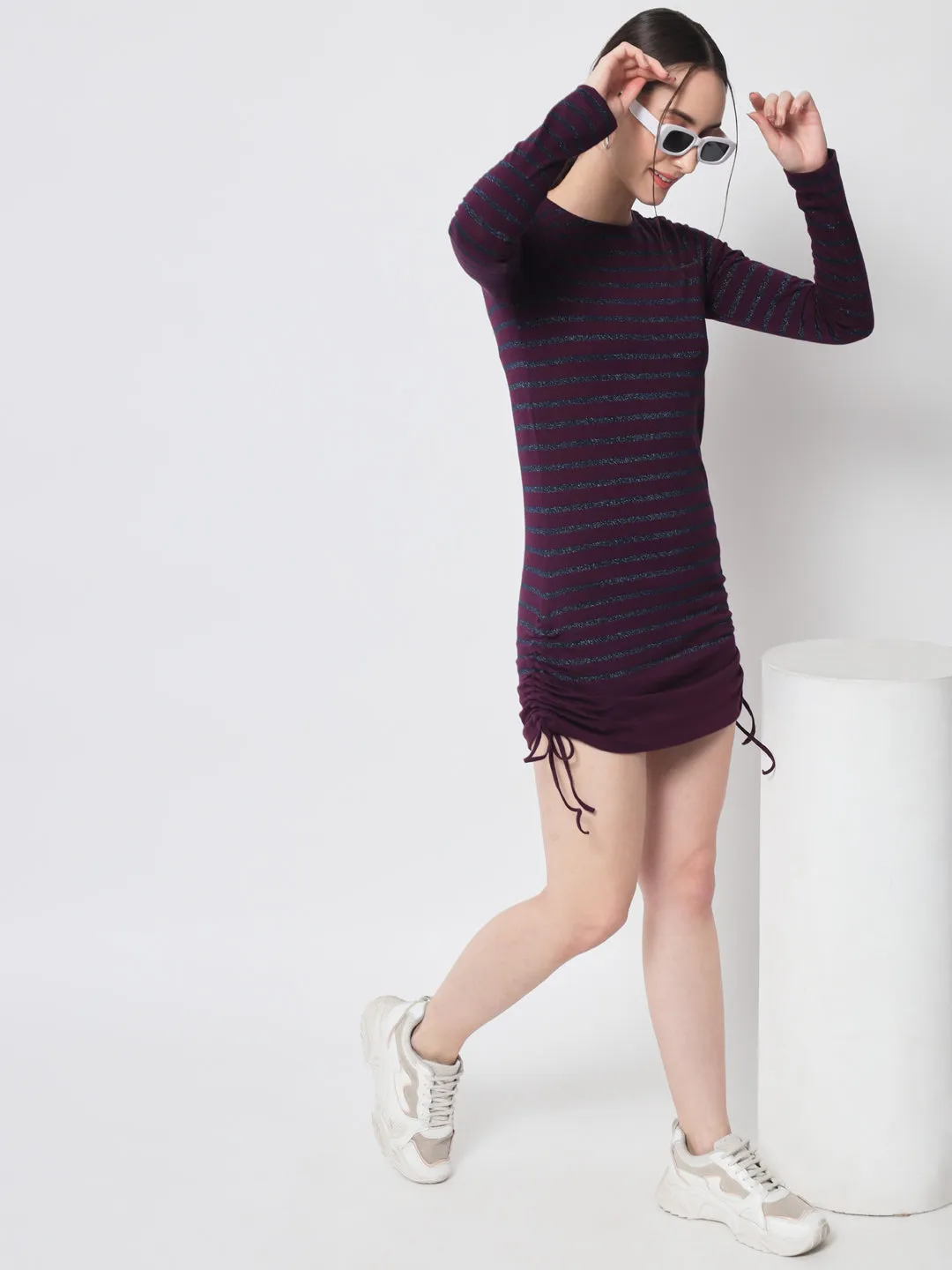 Purple & Grey Melange Striped Long Sleeves Bodycon Mini Cotton Dress