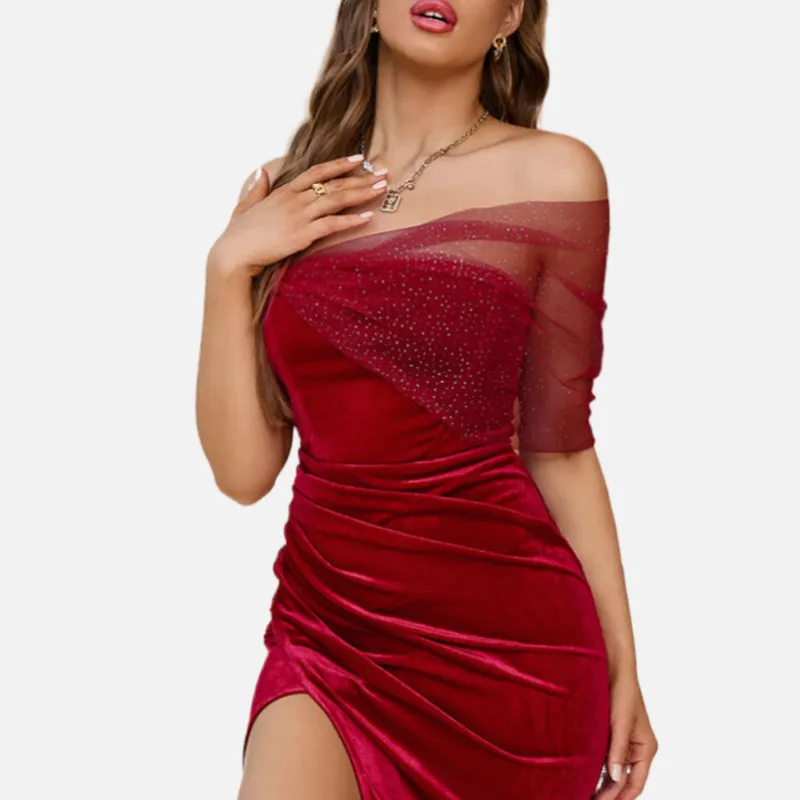 Red Velvet Dress | Off The Shoulder with Mesh