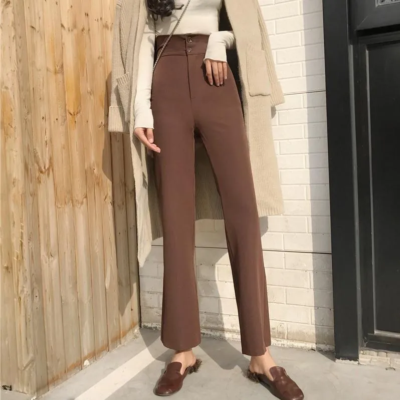 Retro Casual Black Brown High Waist Straight Pants