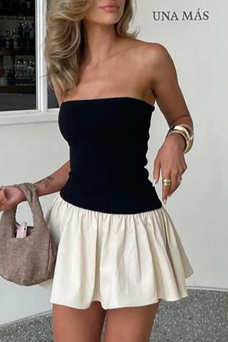 Sexy Solid Contrast Pleated Strapless One Step Skirt Dresses