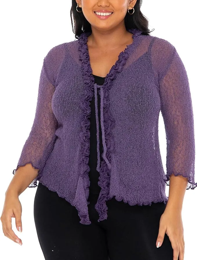 SHU-SHI Womens Plus Size Ruffle Shrug Shrug Tie Top Open Front Cardigan Lightweight Knit XL 2X 3X 4X Bolero Sweater