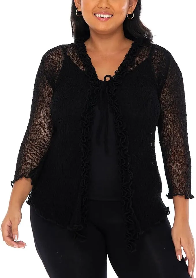 SHU-SHI Womens Plus Size Ruffle Shrug Shrug Tie Top Open Front Cardigan Lightweight Knit XL 2X 3X 4X Bolero Sweater