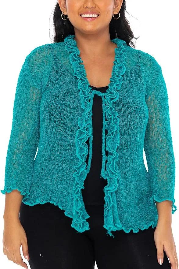 SHU-SHI Womens Plus Size Ruffle Shrug Shrug Tie Top Open Front Cardigan Lightweight Knit XL 2X 3X 4X Bolero Sweater