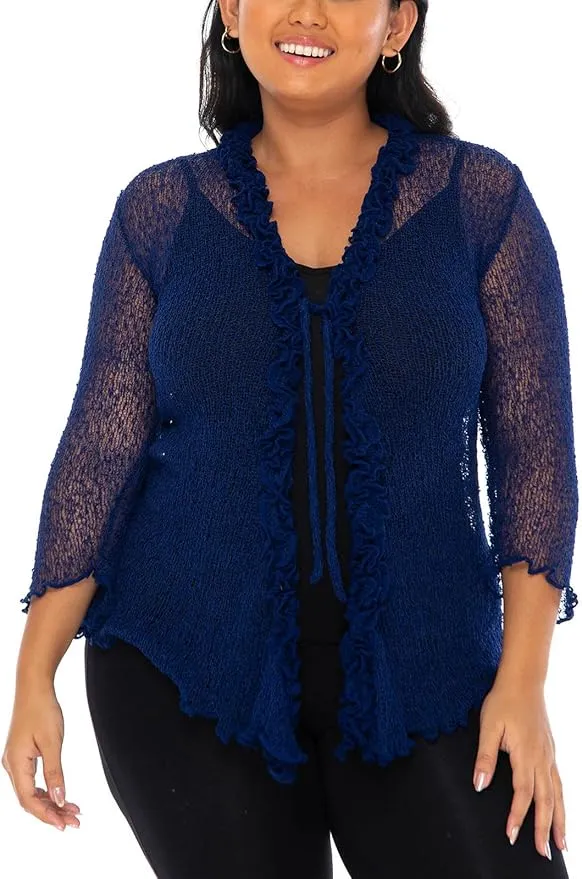 SHU-SHI Womens Plus Size Ruffle Shrug Shrug Tie Top Open Front Cardigan Lightweight Knit XL 2X 3X 4X Bolero Sweater