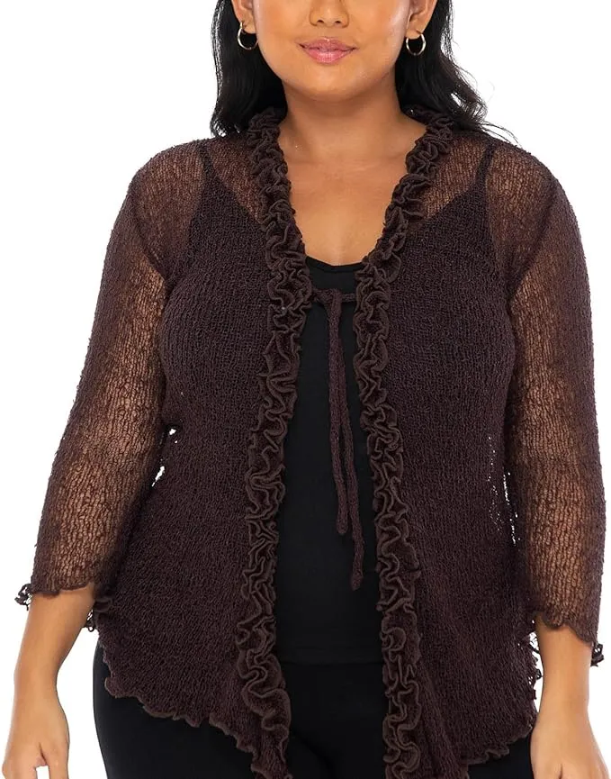 SHU-SHI Womens Plus Size Ruffle Shrug Shrug Tie Top Open Front Cardigan Lightweight Knit XL 2X 3X 4X Bolero Sweater