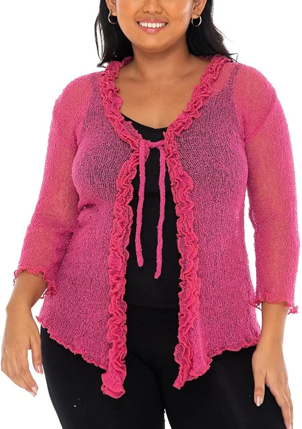 SHU-SHI Womens Plus Size Ruffle Shrug Shrug Tie Top Open Front Cardigan Lightweight Knit XL 2X 3X 4X Bolero Sweater