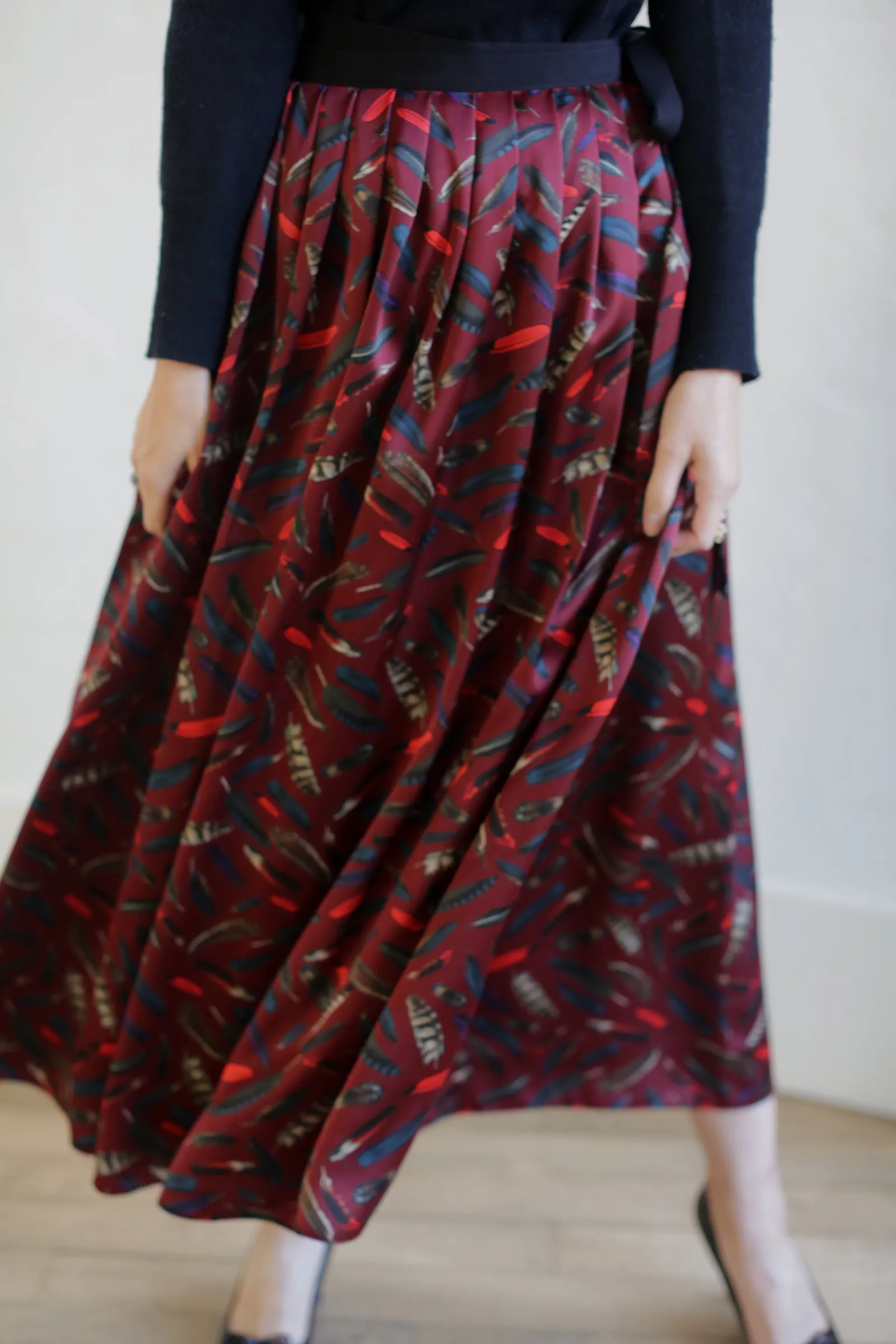 Silk Charmeuse Pleated Wrap Skirt | Feather Print Burgundy