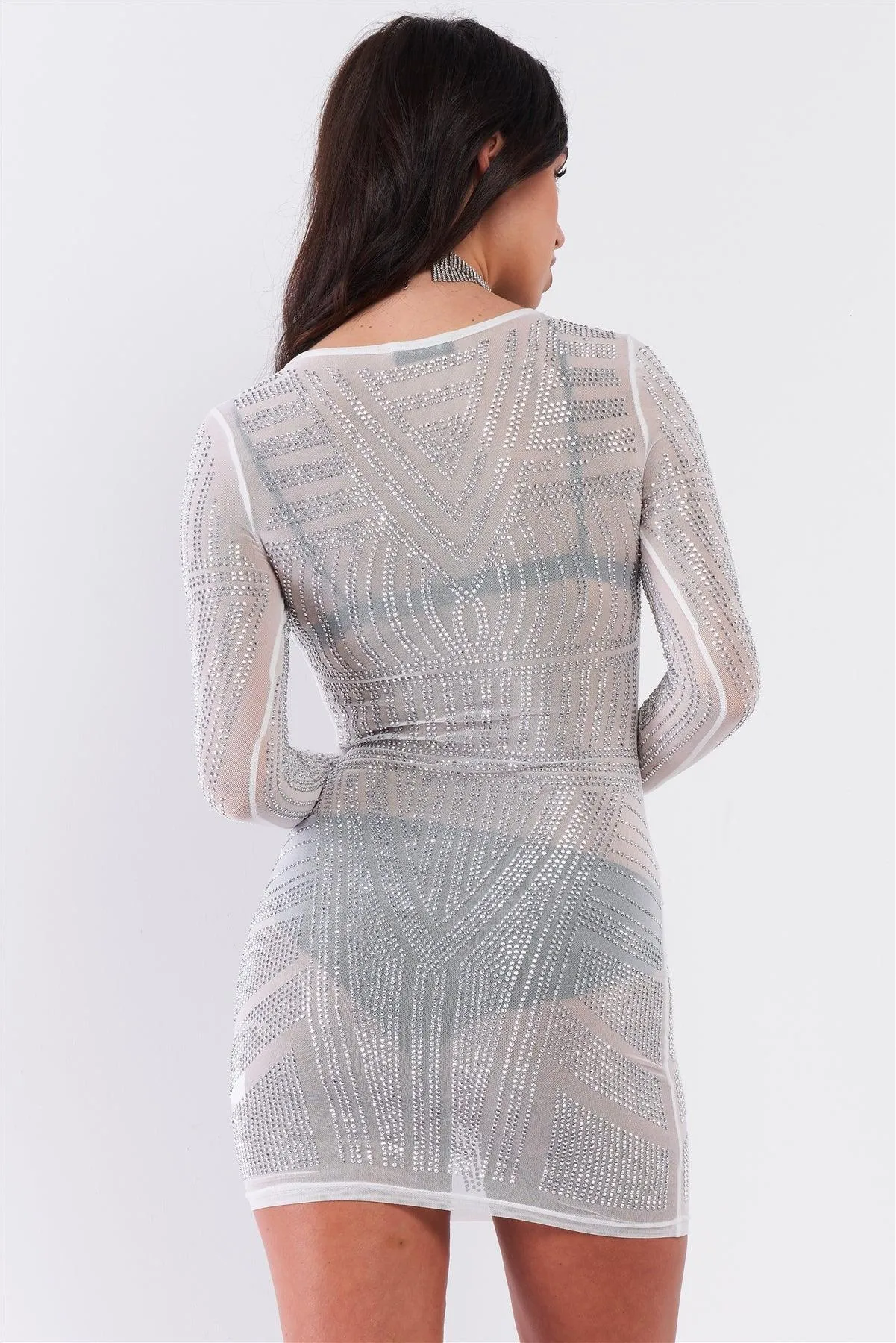 Silver Rhinestone Studded Sheer Mesh Long Sleeve Bodycon Dress /1-2-2-2