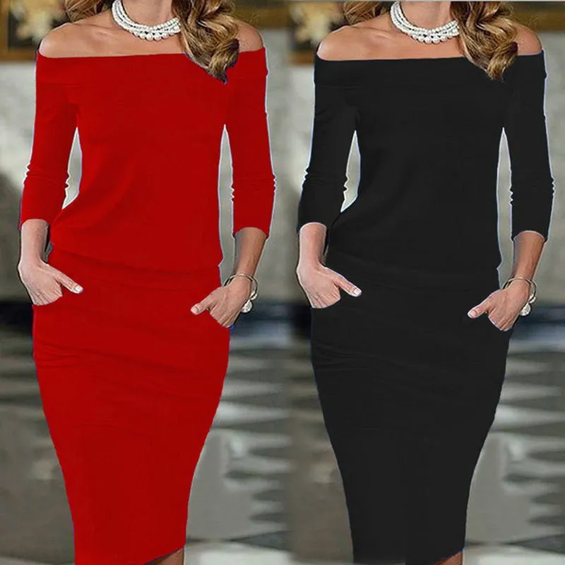 Slash Neck Women's Dress Off Shoulder Long Sleeve Bodycon Knee Length Short Party Dress