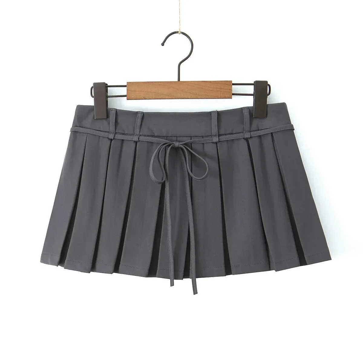 Solid Pleated Drawstring Charming Low Waist Mini Skirt