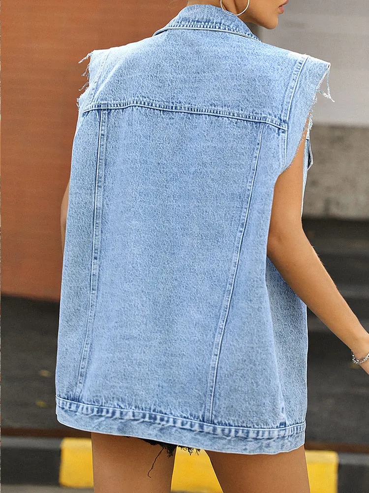 Streetwear Women Loose Retro Single Breasted Blue Denim Vest Vintage Female Sleeveless Pocket Jeans Waistcoat Tops