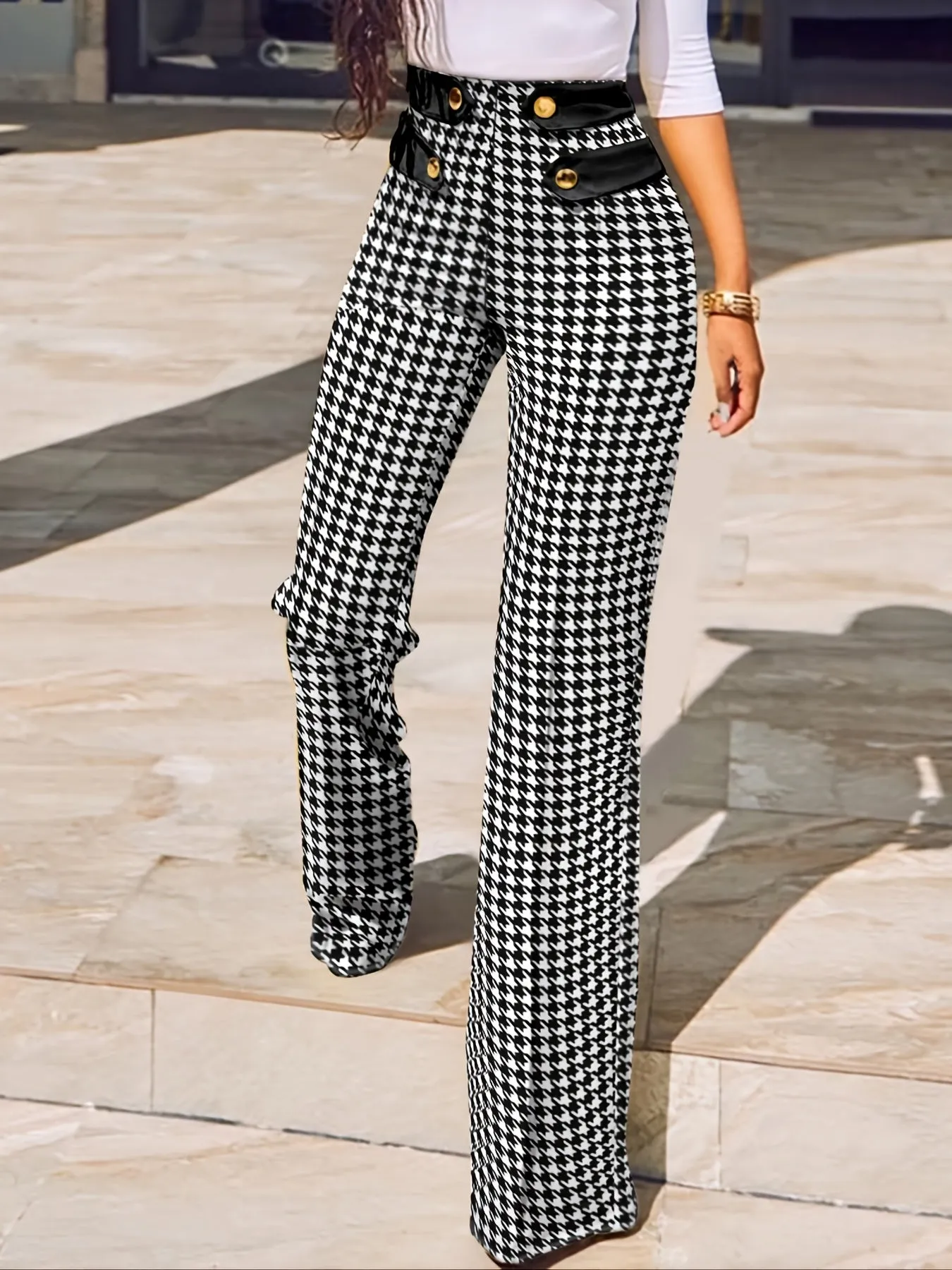 Stylish Houndstooth High Waist Straight Leg Casual Every Day Pants