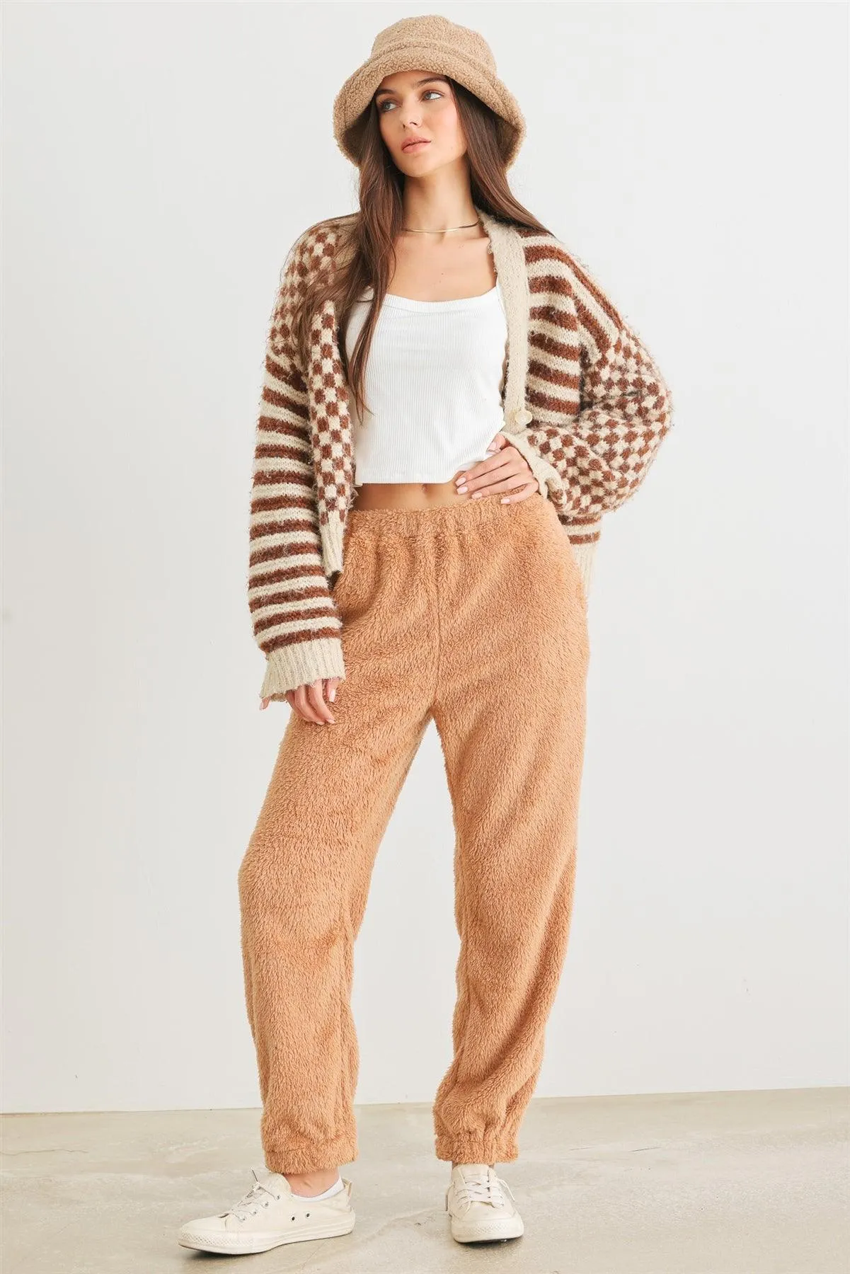 Tan Fuzzy Knit Two Pocket High Waist Pants