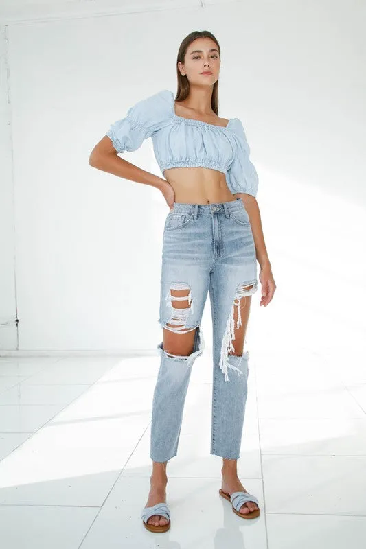 TEEK - Light Wash Ripped Raw Hem Boyfriend Jeans