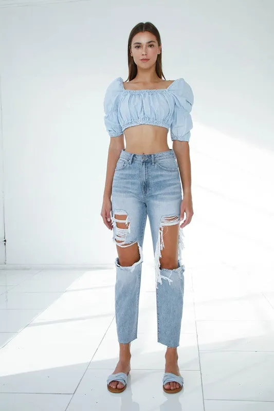 TEEK - Light Wash Ripped Raw Hem Boyfriend Jeans