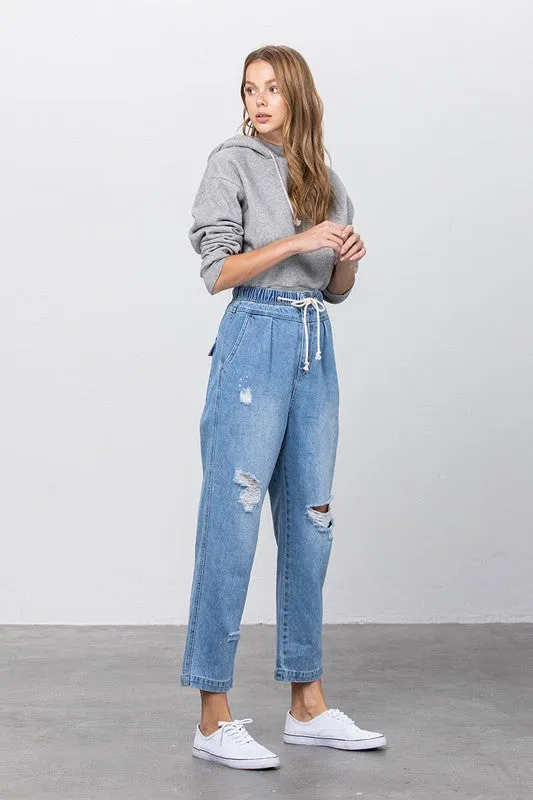 TEEK - Light Wash Super High Waist Drawstring Ripped Slouch Jeans