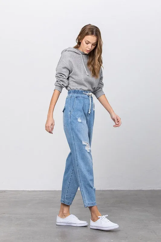 TEEK - Light Wash Super High Waist Drawstring Ripped Slouch Jeans