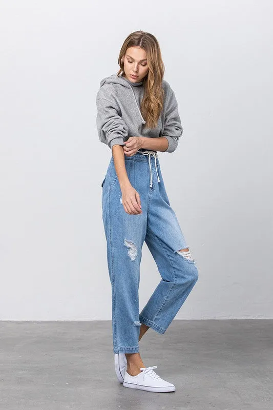 TEEK - Light Wash Super High Waist Drawstring Ripped Slouch Jeans