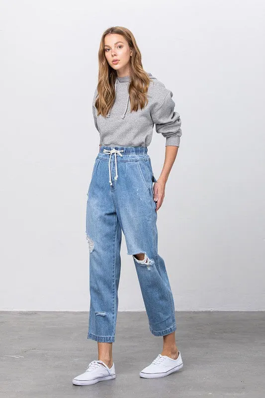 TEEK - Light Wash Super High Waist Drawstring Ripped Slouch Jeans