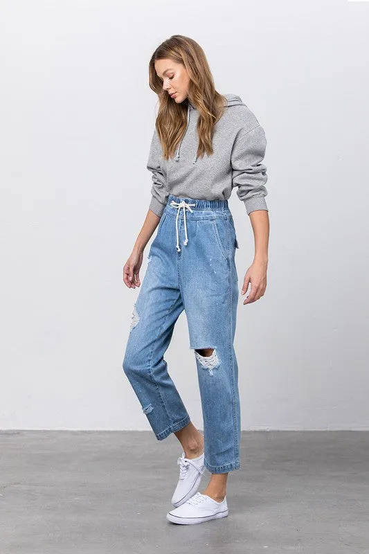 TEEK - Light Wash Super High Waist Drawstring Ripped Slouch Jeans