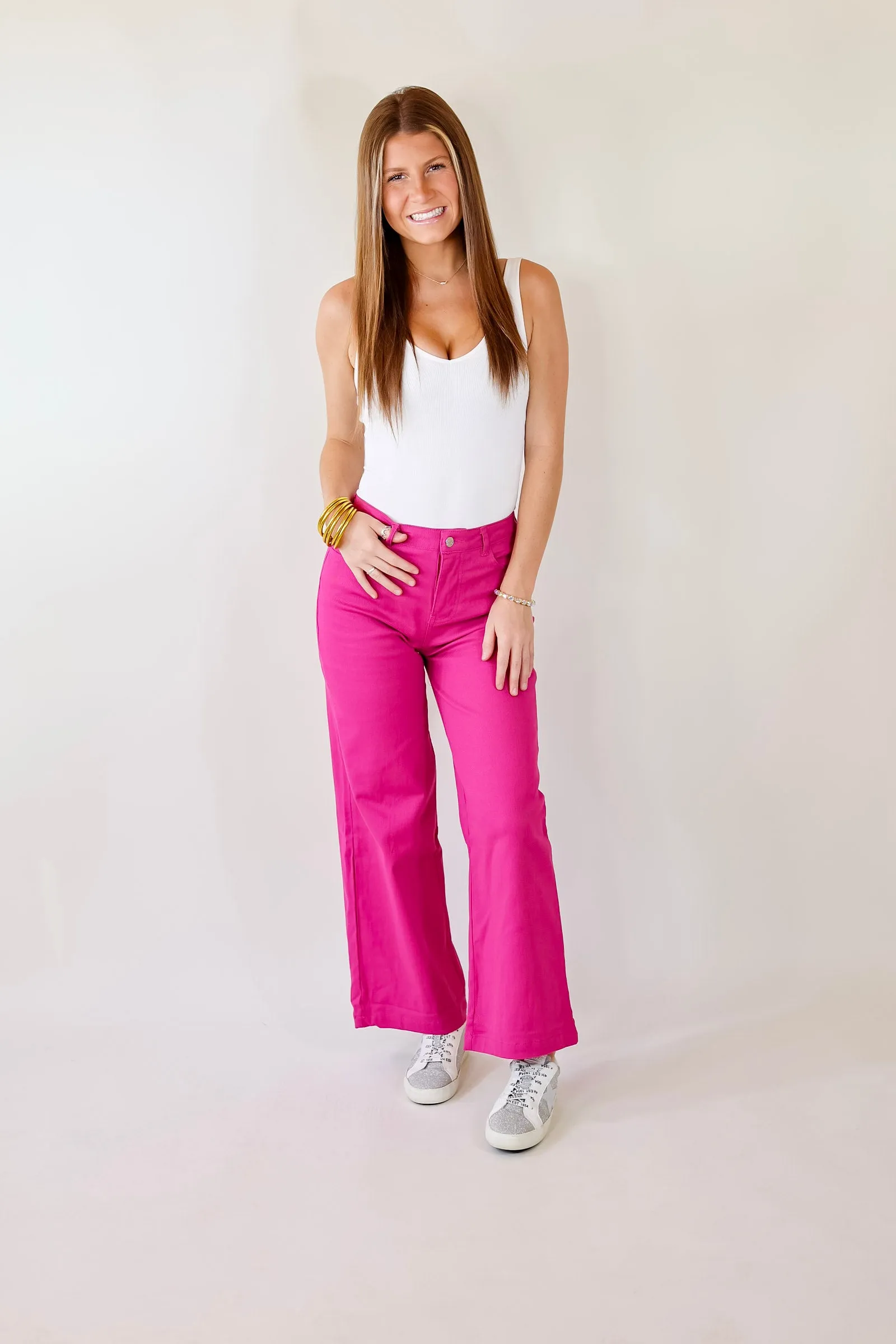 The Best Cropped Wide Leg Jeans In Magenta Pink