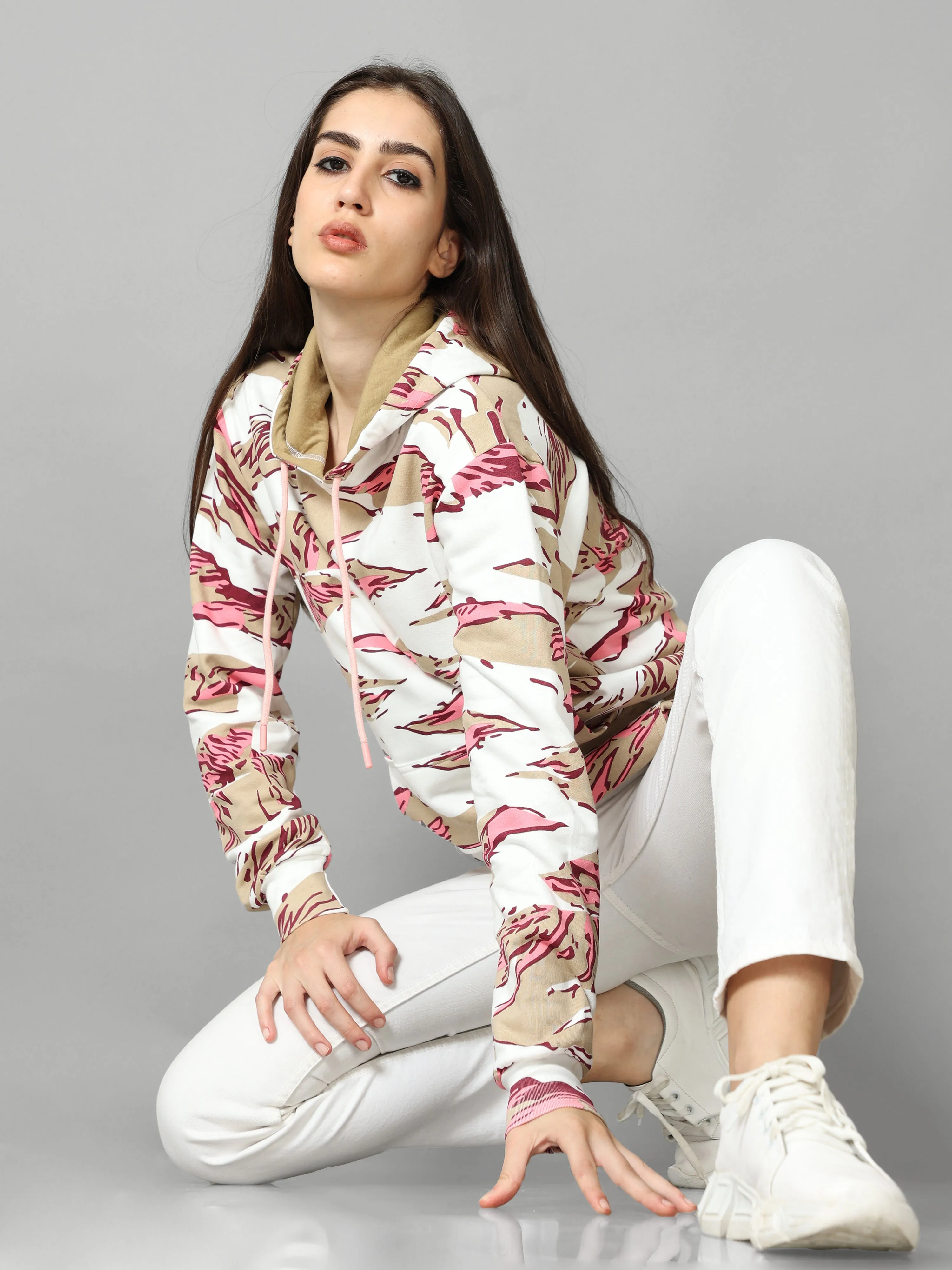 The Greenage Olive Printed Pink Hoodie for Women