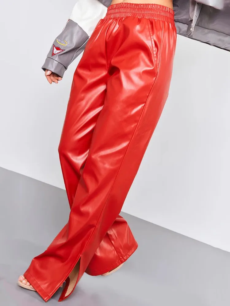 Trend4us Women's Red Faux Leather Split-Hem Pants