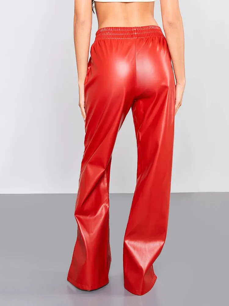 Trend4us Women's Red Faux Leather Split-Hem Pants