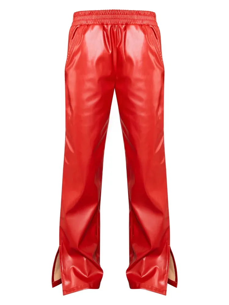 Trend4us Women's Red Faux Leather Split-Hem Pants