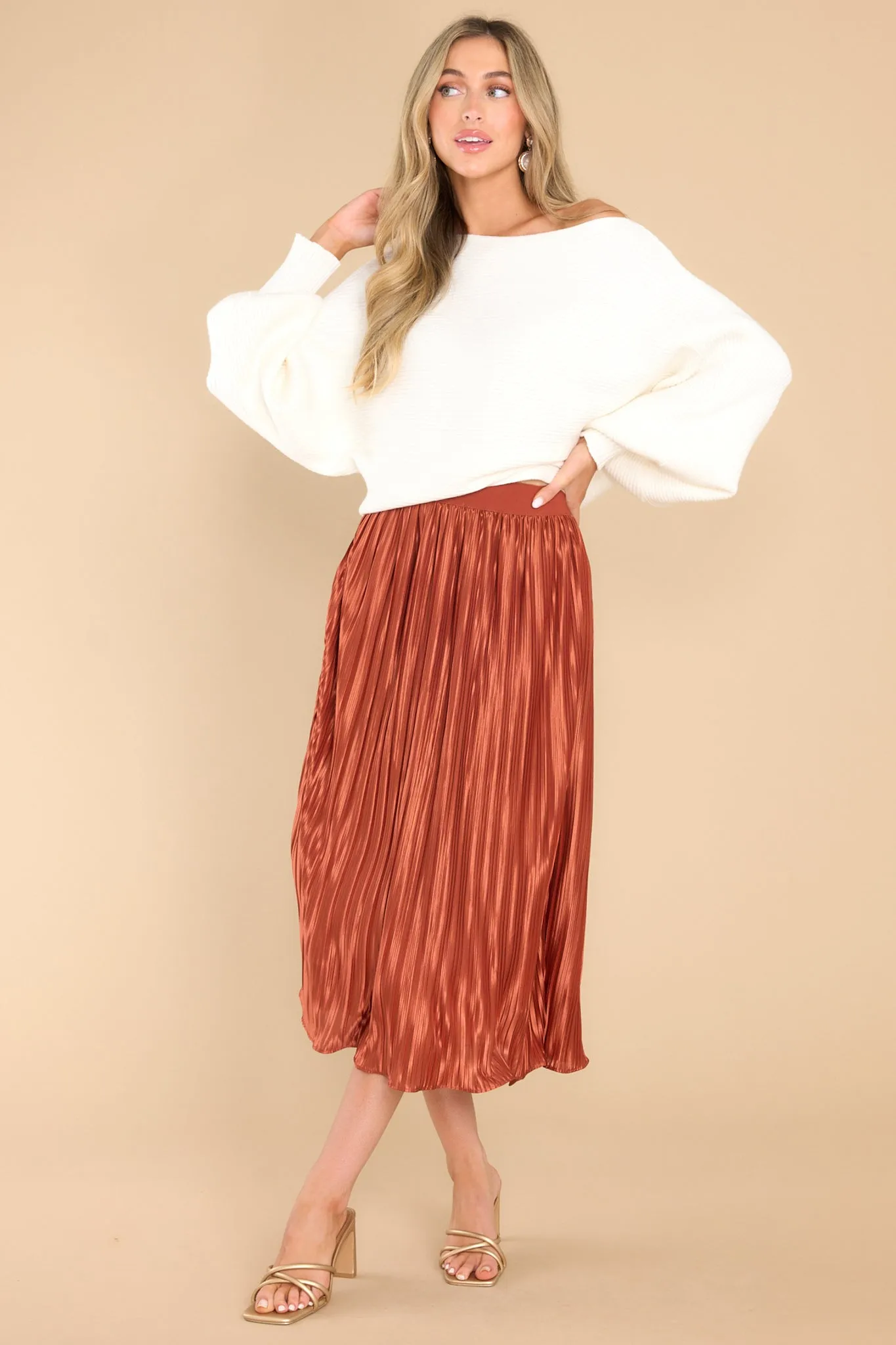 Try And Try Again Golden Orange Pleated Midi Skirt