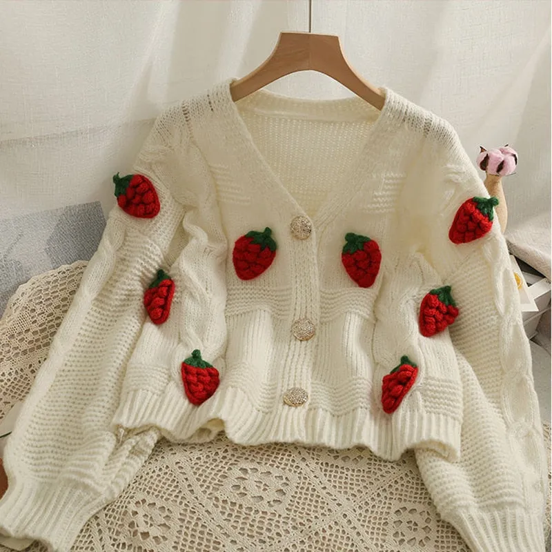 Twisted Women Knitted Cardigan Fashion 3D Strawberry Loose Sweet Sweater Fall Cute V Neck Thick Ladies Sweater Coats