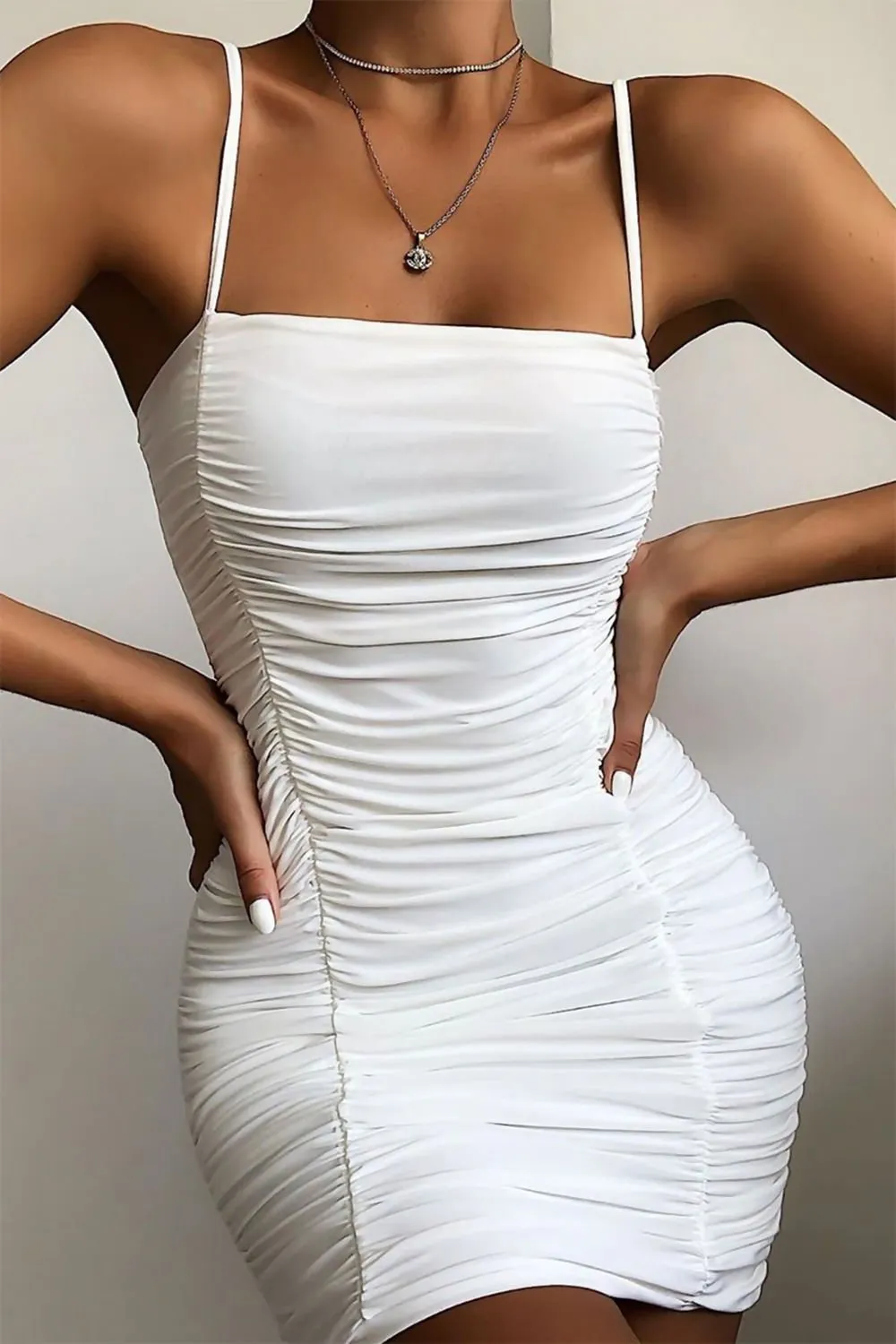 White Ruched Double Layer Slinky Cami Dress