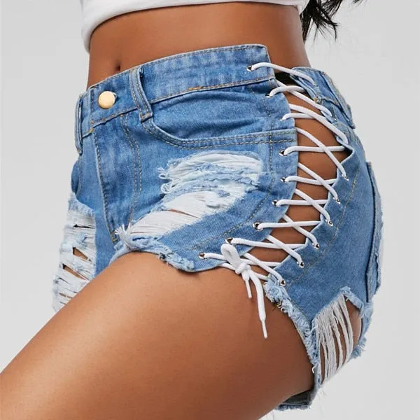 Wjczt Sexy Summer Women Denim Shorts New Black Blue High Waist Ripped Short Jeans Femme Tassel Lace Up Bandage Hot Pants