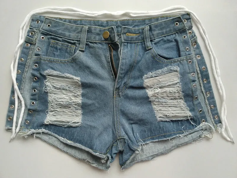 Wjczt Sexy Summer Women Denim Shorts New Black Blue High Waist Ripped Short Jeans Femme Tassel Lace Up Bandage Hot Pants