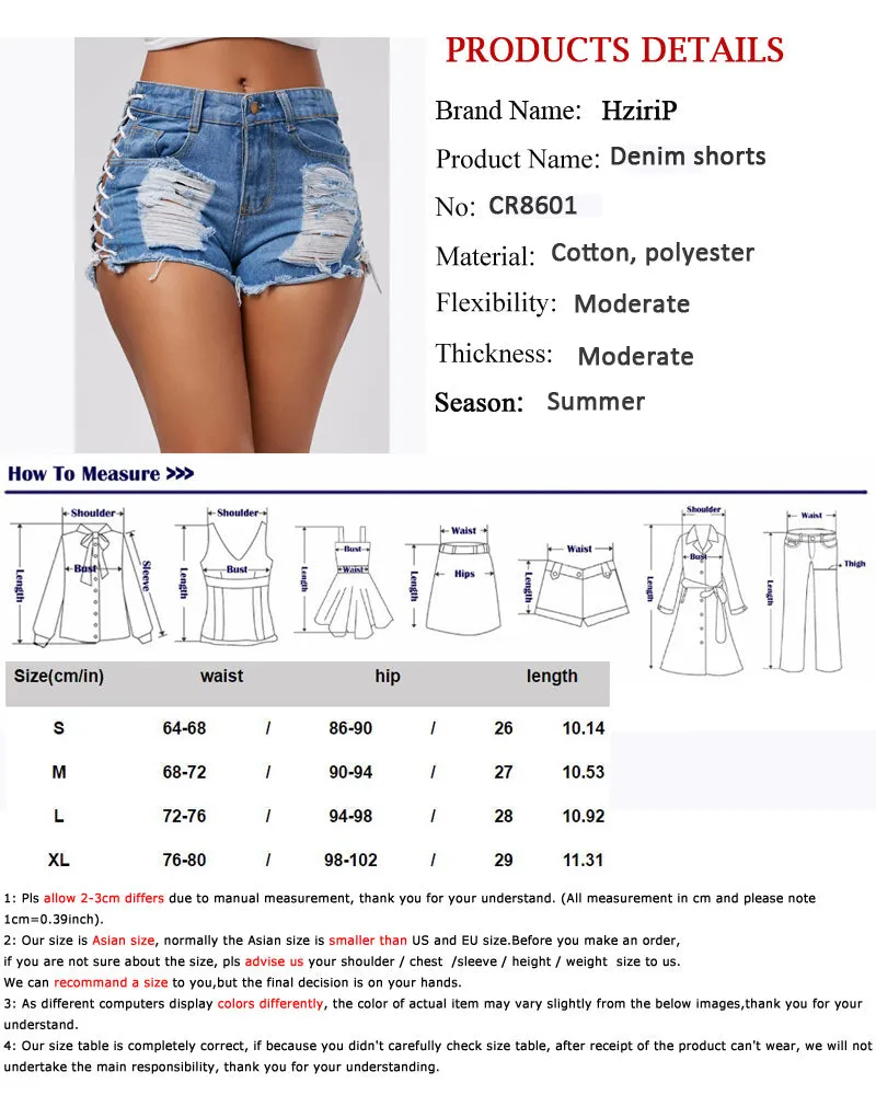 Wjczt Sexy Summer Women Denim Shorts New Black Blue High Waist Ripped Short Jeans Femme Tassel Lace Up Bandage Hot Pants