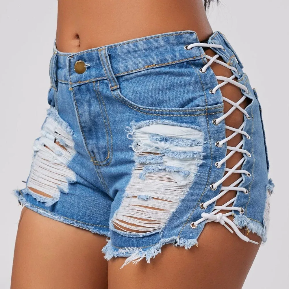 Wjczt Sexy Summer Women Denim Shorts New Black Blue High Waist Ripped Short Jeans Femme Tassel Lace Up Bandage Hot Pants