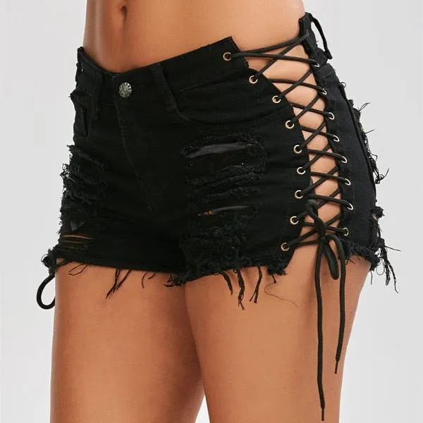 Wjczt Sexy Summer Women Denim Shorts New Black Blue High Waist Ripped Short Jeans Femme Tassel Lace Up Bandage Hot Pants