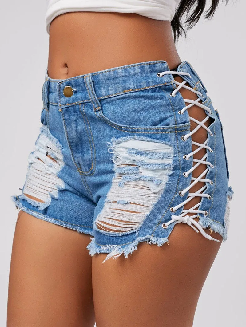 Wjczt Sexy Summer Women Denim Shorts New Black Blue High Waist Ripped Short Jeans Femme Tassel Lace Up Bandage Hot Pants