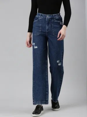 Women Blue Solid Straight Fit Denim Jeans