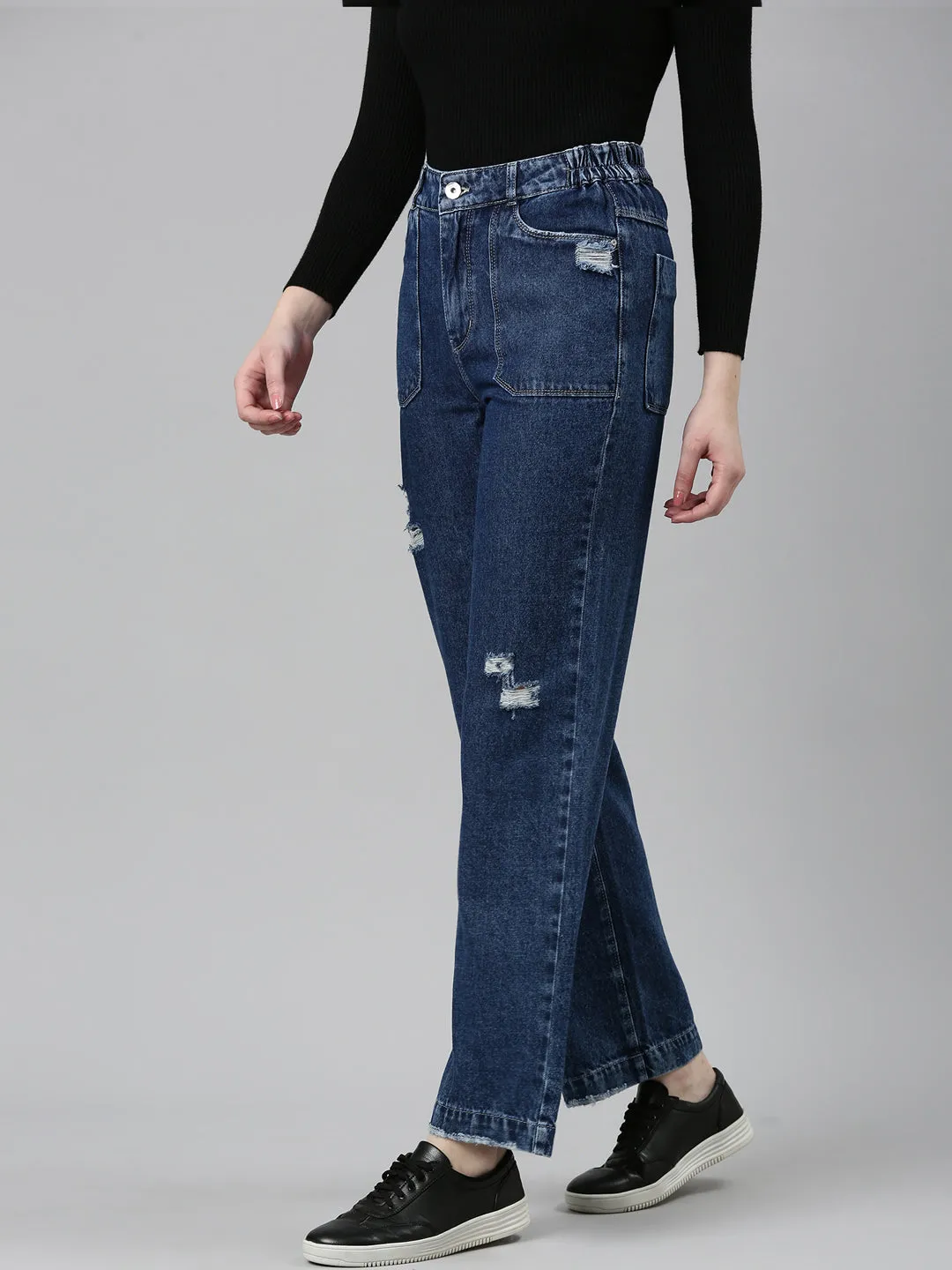 Women Blue Solid Straight Fit Denim Jeans