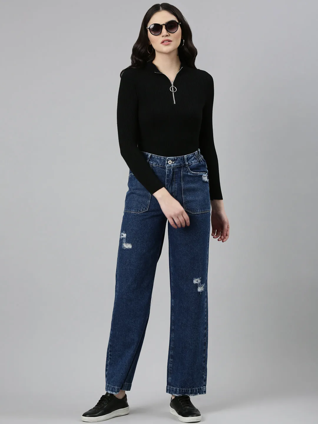 Women Blue Solid Straight Fit Denim Jeans