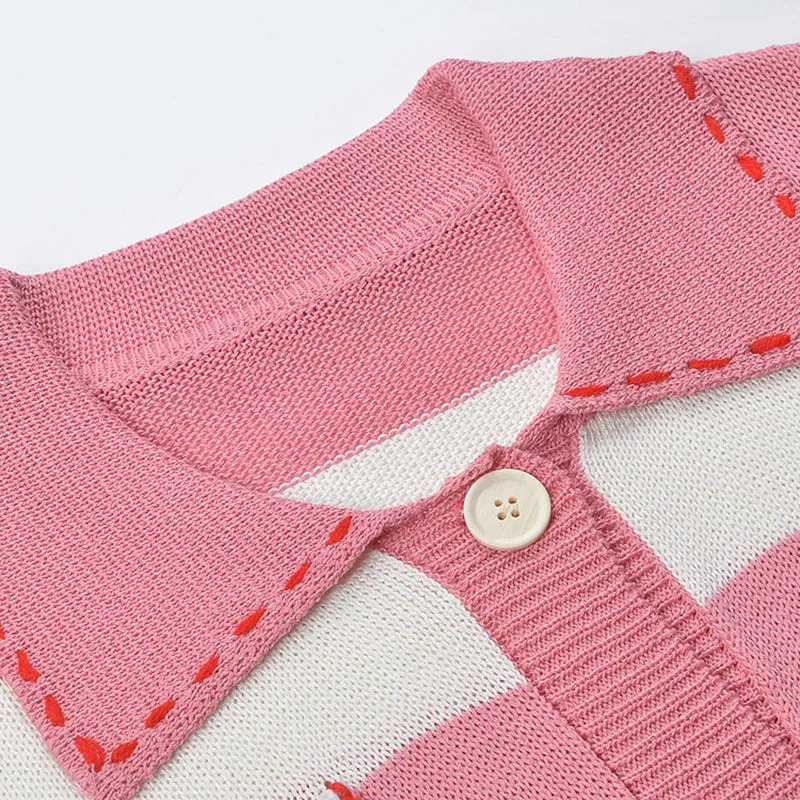 Women Turn Down Knitted Sweaters Cardigans Striped Cute Lady Knitting Thin Summer Slim Vintage Cardigan Outwear for Female B-005