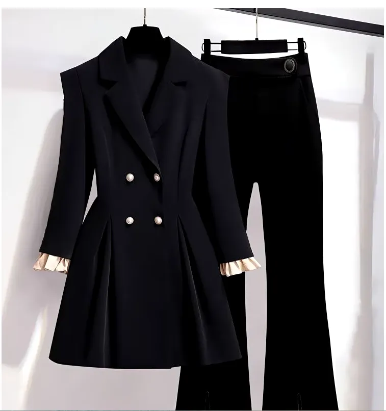 Women's 2 Pc Pants Suit - Women's Double-breasted Waist Coat High Waist Tunic Pants 2 Pc Pants Suit